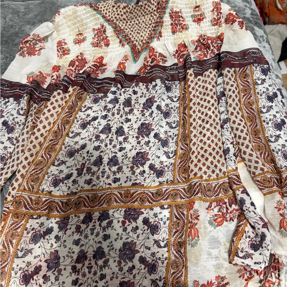 Otherwild Cream Floral Patchwork Boho Blouse with Rust and Purple Accents